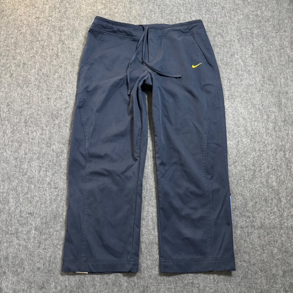 VTG Y2K Nike Low Rise Capri Pants Navy Blue Yellow Swoosh Womens 4-6 Small